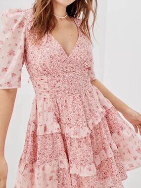 American Eagle Floral Mini Dress Women's Medium Pink Boho Prairie 3/4 Sleeve